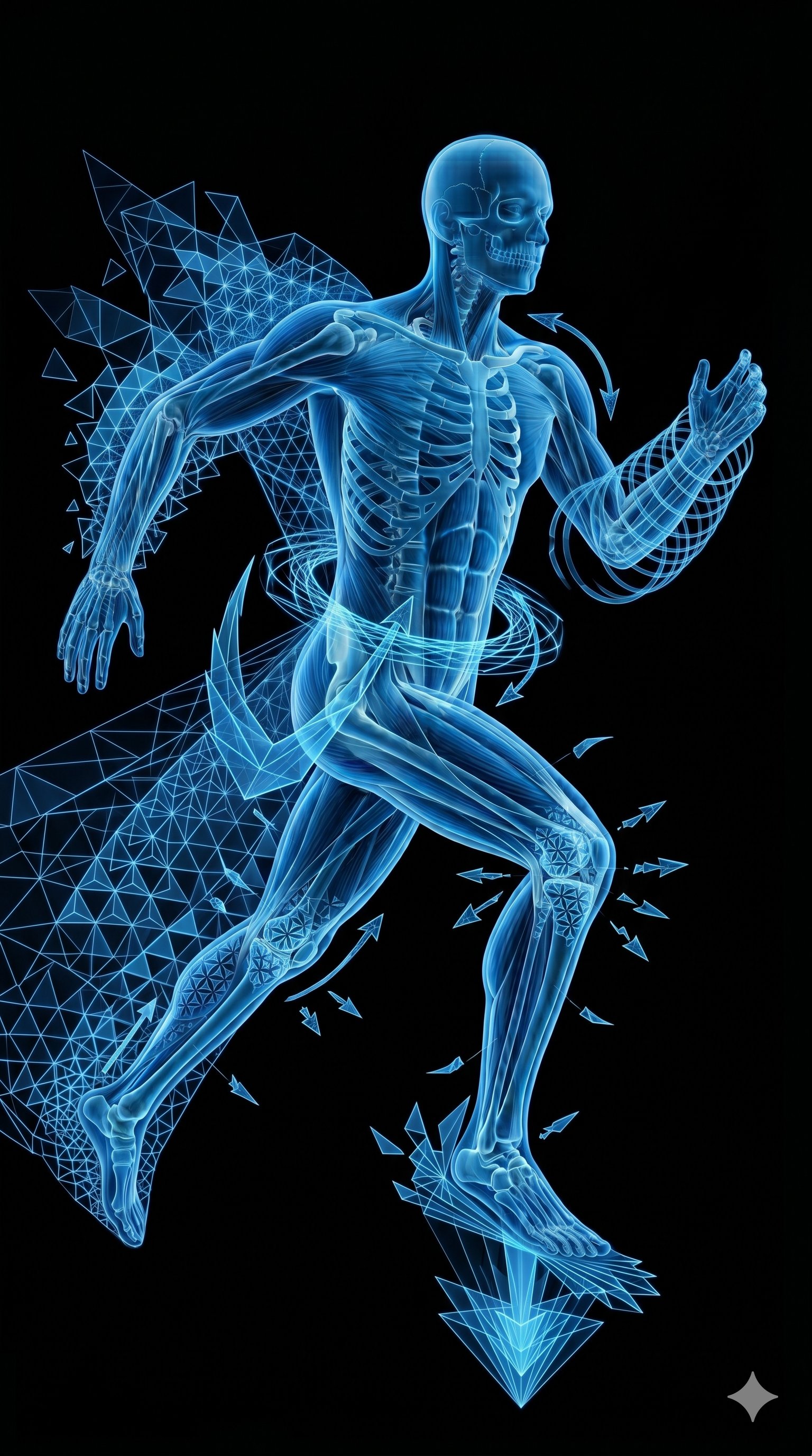Figura anatômica humana em movimento com elementos geométricos biomecânicos em azul